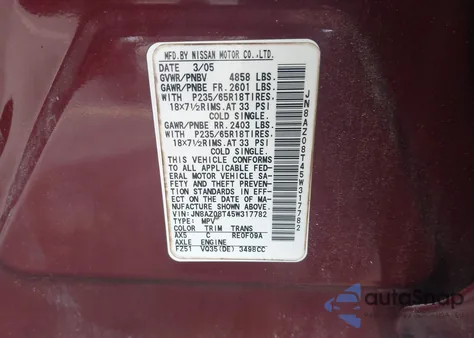 2005 Nissan Murano Sl из США, поврежденный, VIN JN8AZ08T45W317782